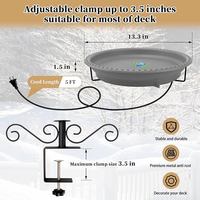 Lovppy Heated Bird Bath for Deck Railing, 100W Thermostatically Controlled Heated Bird Baths for Outdoors Bird Bath Heater, Heated Bird Bath for Outside Winter Garden Patio Yard(Gray)