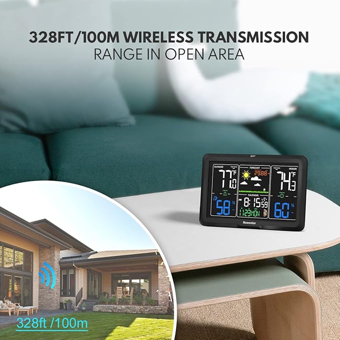 Newentor Weather Station Wireless Indoor Outdoor, Indoor Outdoor Thermometer Wireless, 7.5" Home Weather Stations with Atomic Clock, Temperature Humidity Gauge, Weather Forecast and Barometer, Black