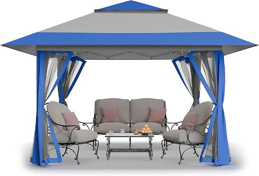 CROWN SHADES 13x13 Pop Up Gazebo, Canopy Tent, Gazebos on Clearance - Outdoor Gazebo for Backyard & Patio Furniture - Carpa Pop Up Tent with Wheeled STO-N-Go Cover Bag (Blue & Grey)