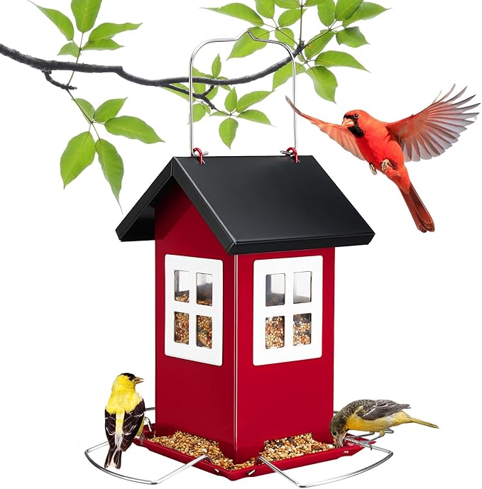 Veehoo Bird House Feeders for Outdoors Hanging-Metal Wild Bird House Feeders with 4 Ports, Country House Design, Garden Yard Decor Weatherproof Hanging Bird Feeder for Outside, Red