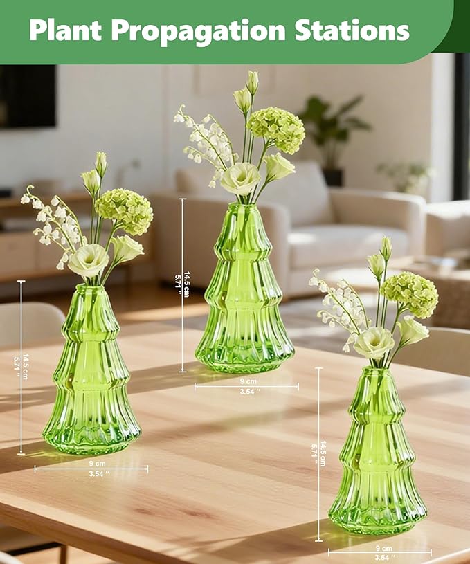 Nacome 3Pcs Tree-Shaped Glass Plant Terrarium,Planter Propagation Station Christmas Tree Decorations for Hydroponics Home Office, Unique Gifts for Plant Lovers Women Mom(Green)
