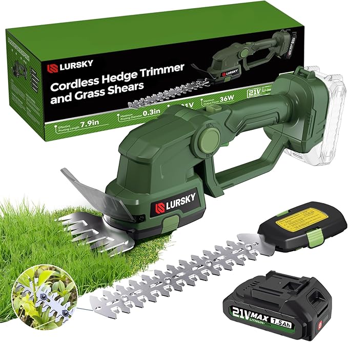Cordless Hedge Trimmer with Battery - 2-in-1 21V Grass Shears Handheld, Electric Shrub Trimmer Kit for Garden, Yard and Lawn, Charger Included (Forest Green)