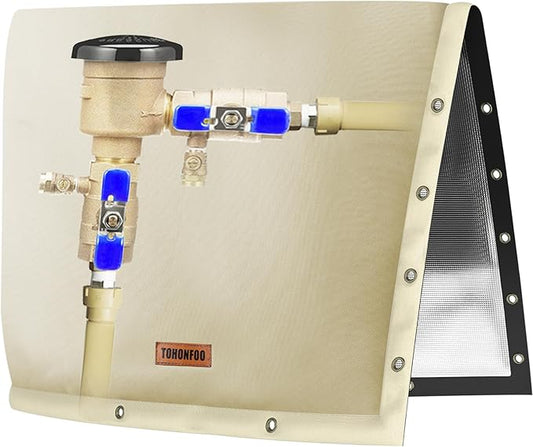 TOHONFOO 2-Way Opening Backflow Preventer Pipe Insulation Cover (5°F) - Irrigation Sprinkler Valve Cover - Water Well Pump Cover - Sturdy 5 Layers for Winter Freeze Protection (30" W x 24" H, Beige)