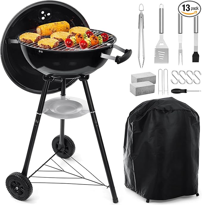 18 Inch Charcoal Grill, HaSteeL 2-In-1 Kettle Outdoor Barbecue Grill, Portable Black BBQ Grill for Camping/Backyard/Patio/Picnic, Porcelain-Enameled Lid & Fire Bowl, 254.SQ.IN Cooking Area, 13-Piece