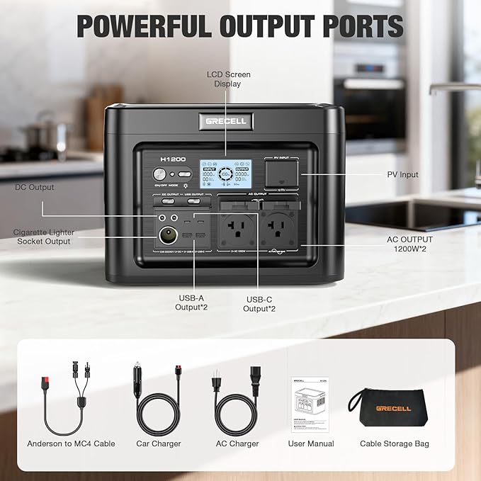 GRECELL Portable Power Station 1200W 672Wh H1200 LiFePO4 Battery Solar Generator with 10ms UPS, 1200W Solar Power Station, 9 Output Ports for Home Emergency, Outdoor Camping, RV Travel, Laptop TV