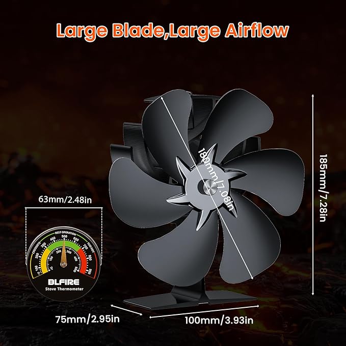 Wood Stove Fan Heat Powered | 6- Blade Thermoelectric Fireplace Fan | Eco Cocoon Fan Non Electric w/Stove Thermometer | Stove Accessories