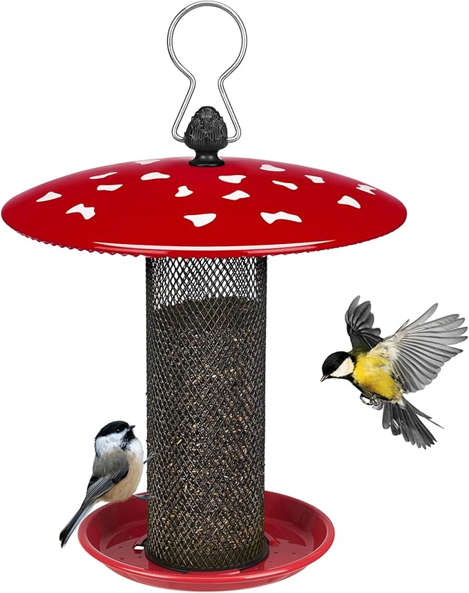Veehoo Tube Bird Feeders for Outdoors Hanging-Finch Feeder for Nyjer Thistle Seed, Mushroom Metal Mesh Bird Feeder for Outside Hanging, Red