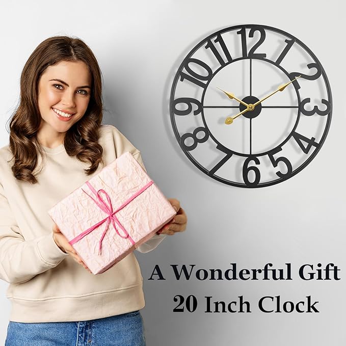 Large Outdoor Clock, Silent Non-Ticking Battery Operated Outdoor Wall Clock, Black Modern Metal Wall Clock for Patio, Porch, Pool Area, Kitchen, Bedroom, Living Room, Farmhouse Decor - 20 Inch