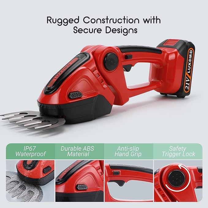 Lxubird Cordless Grass Shears, 2-in-1 Mini Hedge Trimmer Cordless,Light Handheld Grass Trimmer, Electric Shrub Trimmer with 2Pcs Rechargeable Batteries with Case