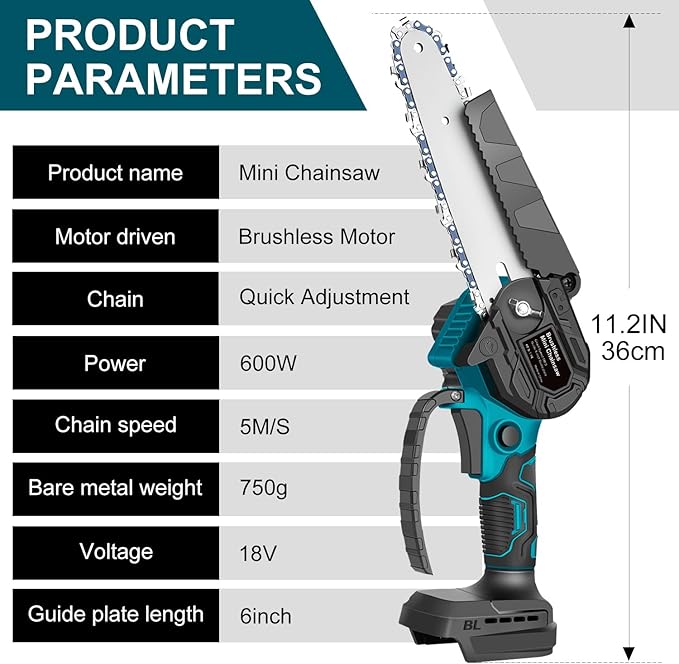 Mini Chainsaw for M-akita 18V Battery, 600 W Brushless Chainsaw Electric 6 Inches, Battery Chainsaws Hand Chainsaw for Garden Shears, Wood Cutting(No Battery)