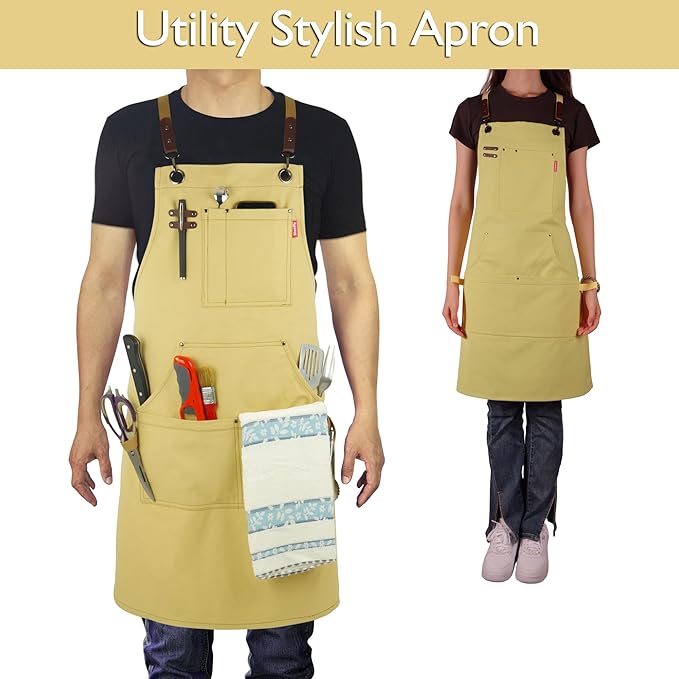 10 Pack Kitchen Apron, Work Apron, Canvas, Multiple Pockets, Gardening, Painting, BBQ, Artist, Carpenter, Sizes M to XXL, Amber