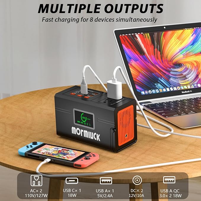 Portable Charger for Laptop, mormluck 88.8wh/127w (Peak 150w) Portable Power Station with Ac Outlet, Led Lights For Power Outage Hurricane Camping Emergency Backup