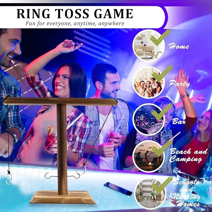 Wooden Ring Toss Game - Classic 2-Peg Tossing Set | Handmade Halloween Games & Thanksgiving Entertainment for Adults, White Elephant Gift Exchange, Portable Family Fun for Backyards & Parties