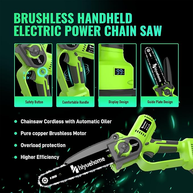 Mini Chainsaw 8inch, Chainsaw Cordless w Automatic Oiler, Handheld Electric Power Chain Saw w Security Lock, Brushless Motor,Chainsaws for Wood/Trees Trimming (Green - 1 battery, 8 INCH)