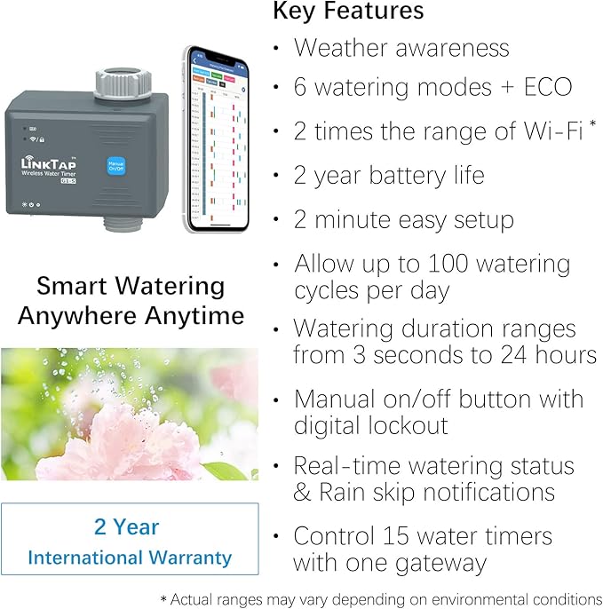 LinkTap G1S Wireless Water Timer (Requires Gateway), Smart Irrigation Hose Faucet Timer, Greater Range Than WiFi Sprinkler Timers, 2 Year Battery Life, Weather Aware, Alexa