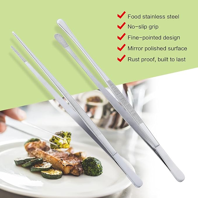 MSY BIGSUNNY Stainless Steel Food Tweezers Multi-function Cooking Tongs Kitchen Serving Tong (12" Round & 12" Pointed Tweezers)