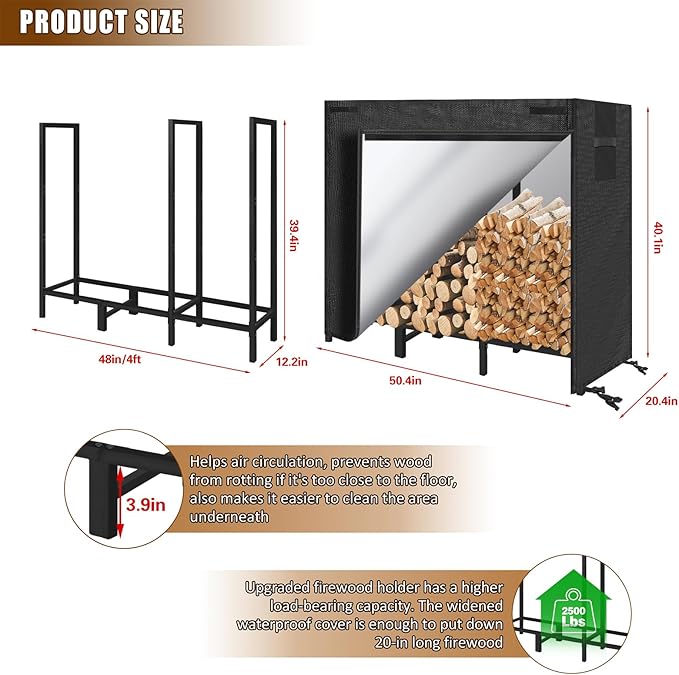 KYATE 4ft Firewood Rack Outdoor with Cover Fireplace Wood Storage Heavy Logs Stand Stacker Holder Strong Lumber Racks Outside for Courtyard Patio