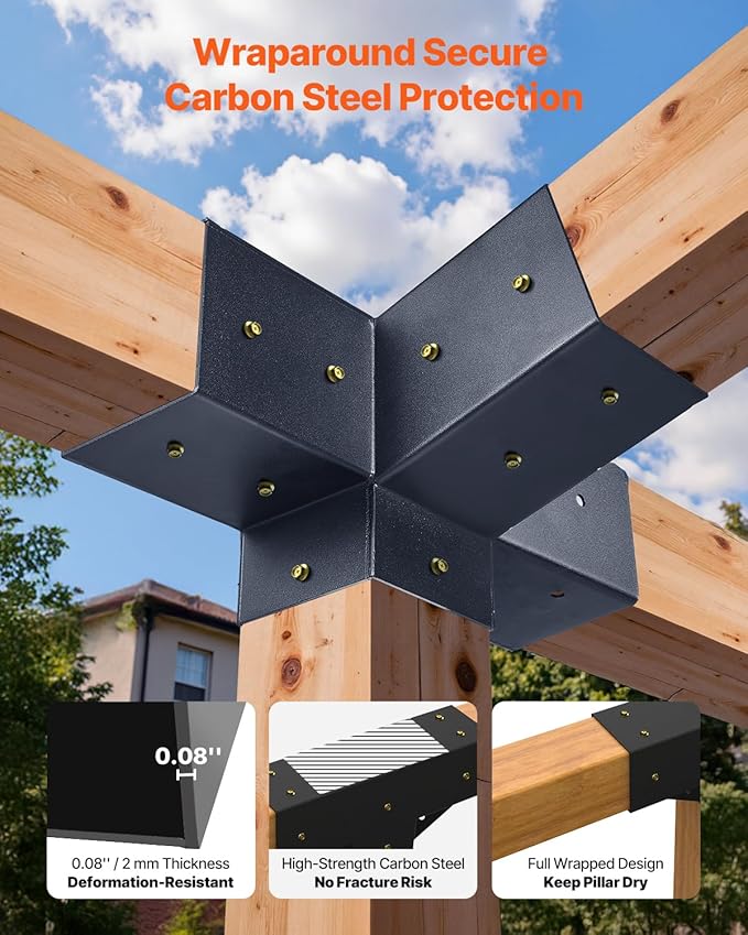 VEVOR Pergola Kit, 4x4 Inch 4-Way Slanted Bracket for 3.5x3.5 Inch Wood Beams in Actual Size, Carbon Steel Pergola Bracket with Post Base and Wall Mount Base, for Outdoor Pergolas, Gazebos, Sheds