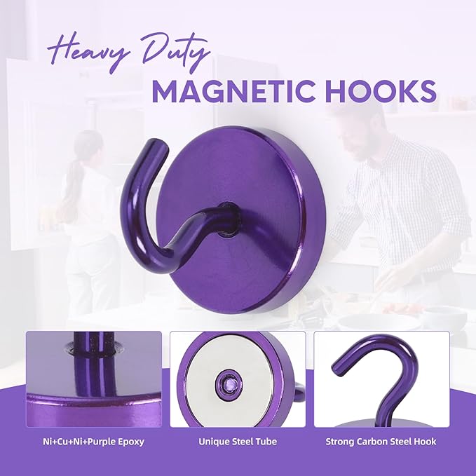 Neosmuk Magnetic Hooks, Cruise Ship Essentials, 120lb+ Heavy Duty Magnetic Hooks for Cruise Cabins, Refrigerator, Grill, Hanging, and Travel | Extra Strong Must-Haves Magnet Hook,Purple, Pack of 10