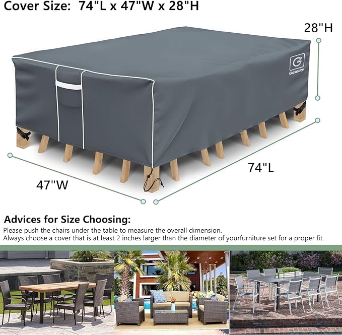 Gasadar Patio Table Cover, Waterproof Outdoor Furniture Cover Rectangular for Patio Table Set, 600D Heavy Duty, 74" L x 47" W x 28" H, Grey