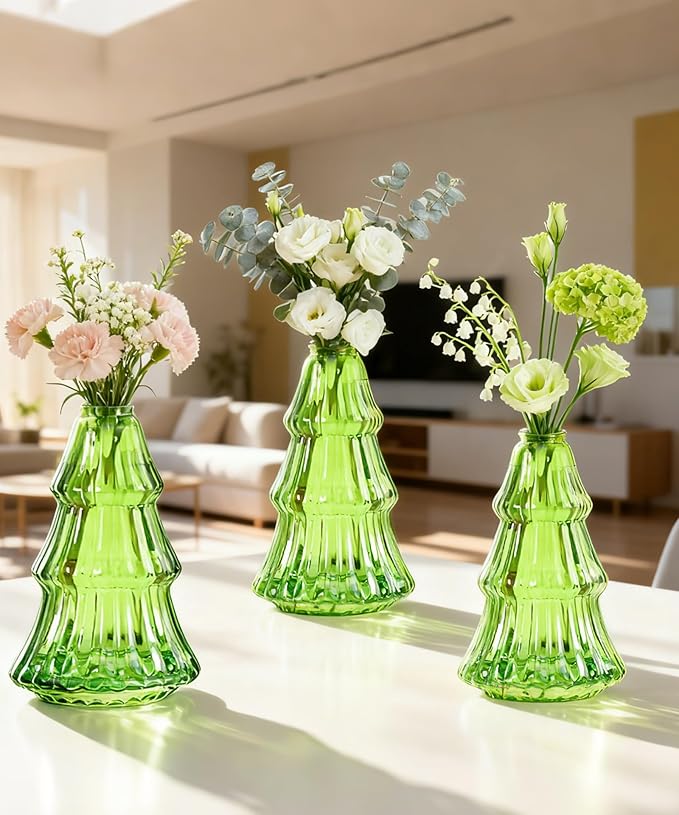Nacome 3Pcs Tree-Shaped Glass Plant Terrarium,Planter Propagation Station Christmas Tree Decorations for Hydroponics Home Office, Unique Gifts for Plant Lovers Women Mom(Green)