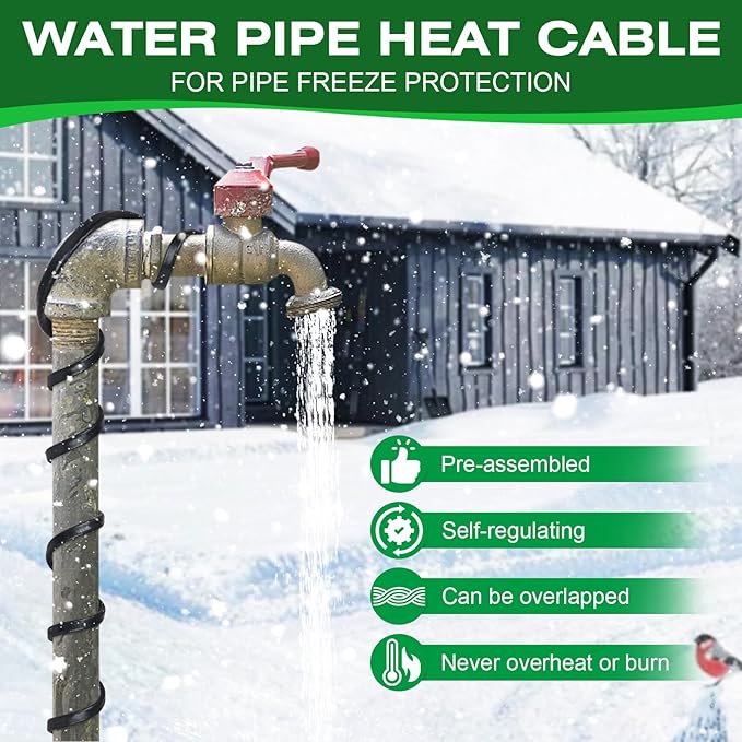 100FT Heat Tape for Water Pipes, -40°F Anti-Freeze De-Icing Heating Tape, Pipe Insulation Heating Cable for Insulation/Roof Snow Removal, Gutter Heating Cable, Heated Water Hose 120V 5W/ft