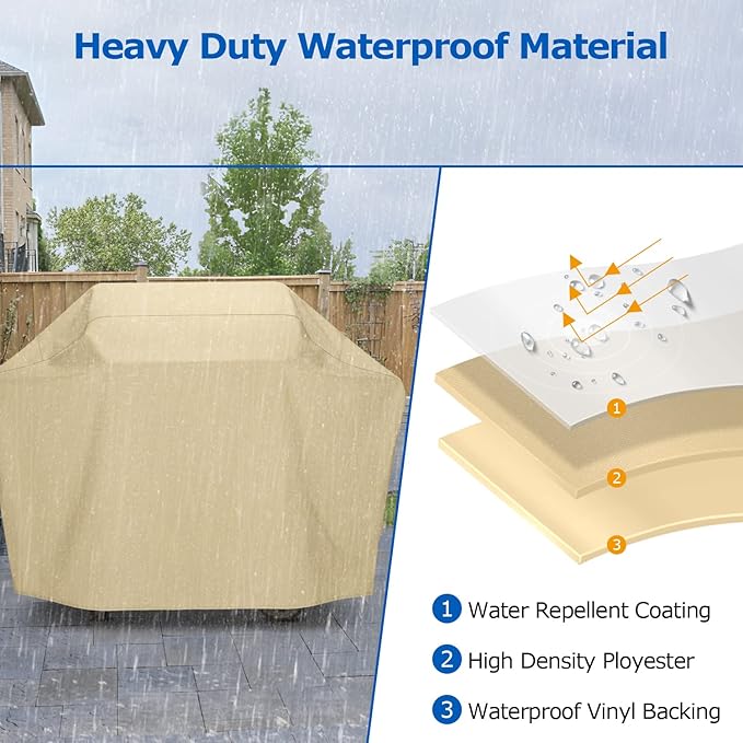 SunPatio 64 Inch Outdoor Waterproof BBQ Gas Cover, Heavy Duty Propane Grill Protector, All Weather Protection, Compatible for Weber Char-Broil Kenmore Nexgrill Grills and More, Beige