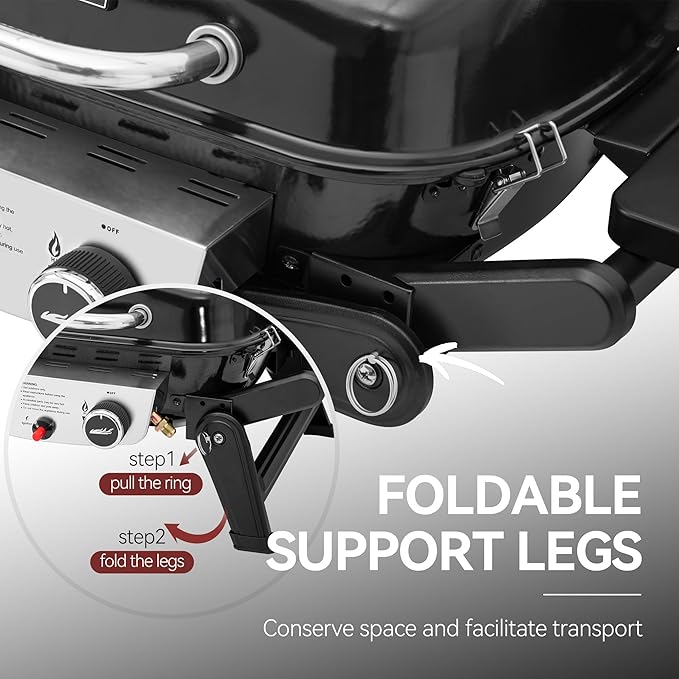 Royal Gourmet GT2005 2 Burner Portable Propane Gas Grill with Foldable Side Tables & Foldable Support Legs, Tabletop Gas Grill with Warming Rack for Outdoor Cooking & Grilling, Black