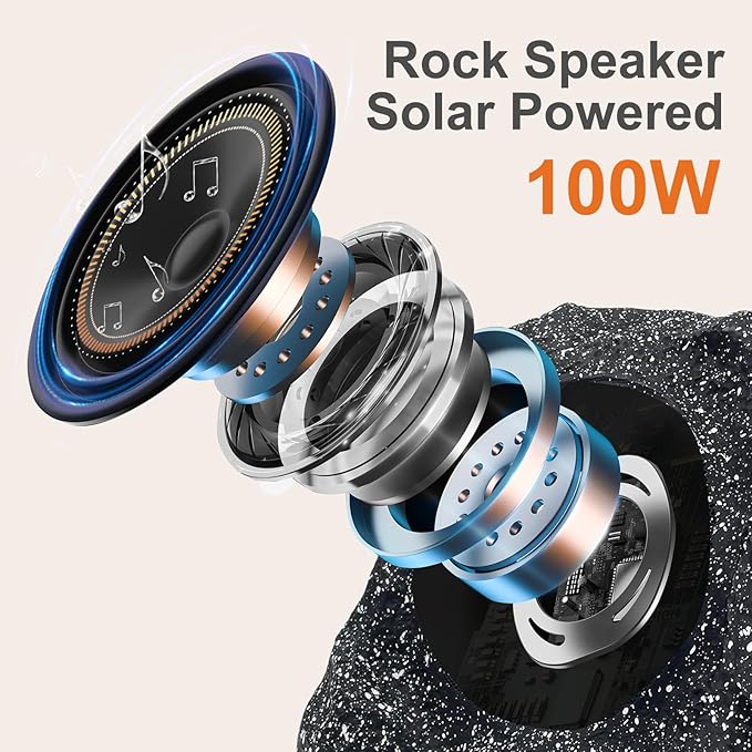 STUDIOFINIX 6.5" Outdoor Rock Speaker Waterproof Bluetooth Wireless Solar Powered with Rechargeable Battery for Patio, Deck, Pool, Garden(Single, Gray)