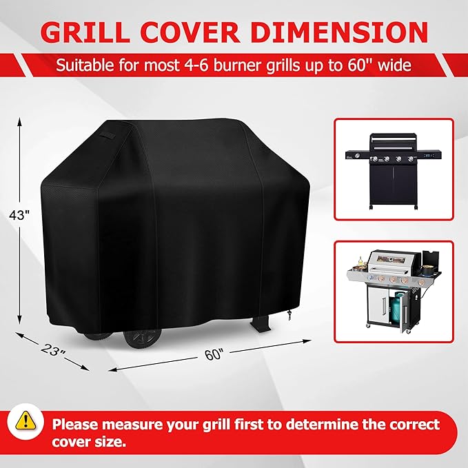 iCOVER Grill Cover, 60 inch BBQ Grill Cover for Outdoor Grill, Anti-UV & Fade Resistant Gas Grill Cover, Waterproof Barbecue Grill Covers for Weber, Char-Broil, Nexgrill and More, Black