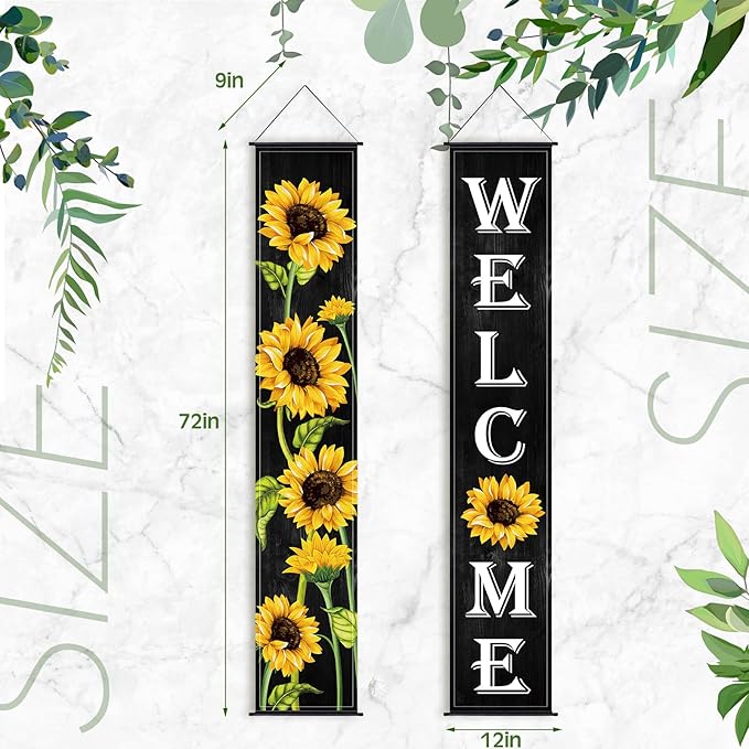 Tatuo Sunflower Welcome Hanging Banners Fall Porch Banners Flags Autumn Door Banner Thanksgiving Hanging Banner for Front Door Garden Home Yard Sunflower Party Decorations(Black Background)