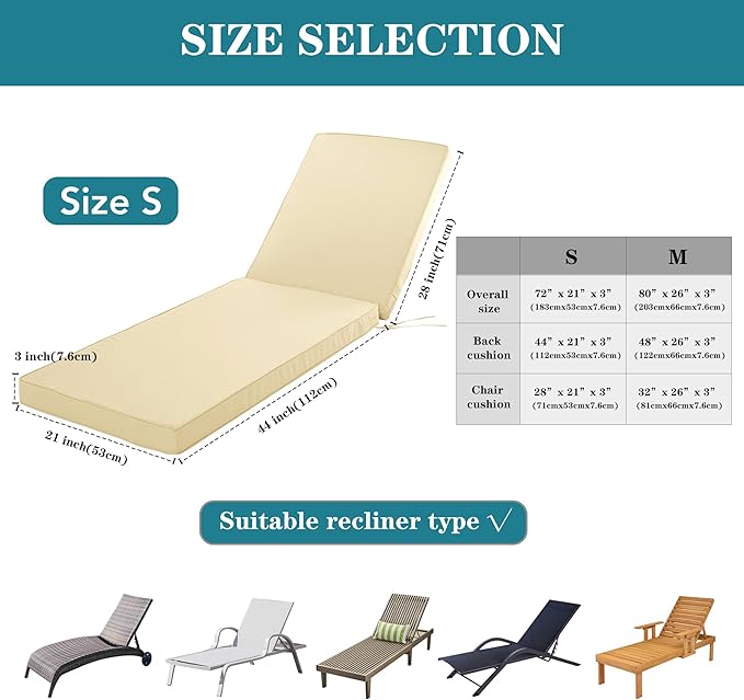 Outdoor Chaise Lounge Cushion Set of 2, Fadesafe Water-Repellent Lounge Deck Reclining Chair Cushions for Patio Furniture Lawn Pool Resort Hotel, 80x26x3 Inch, Beige