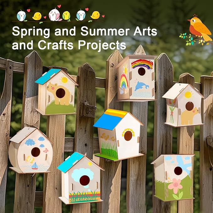24 Sets DIY Wood Birdhouse Bulk for Kids Parties and Classrooms, Art Painting Bird House Craft Kit Unfinished Wood Bird Houses to Paint for Kids 3+ Spring Summer Arts and Craft Projects