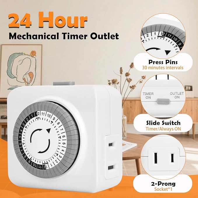 Timers for Electrical Outlets Indoor, 24-Hour Plug-in Mechanical Outlet Timer, 30 Minute Intervals, 2 Prong Light Timers, Daily On/Off Cycle for Christmas Tree, ETL Listed, 2Pack