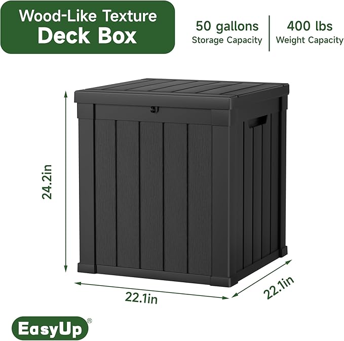 50 Gallon Outdoor Storage Box, Resin Waterproof UV-Resistant Deck Box, Reinforced Stability for Patio, Garden, and Poolside, Striped Black