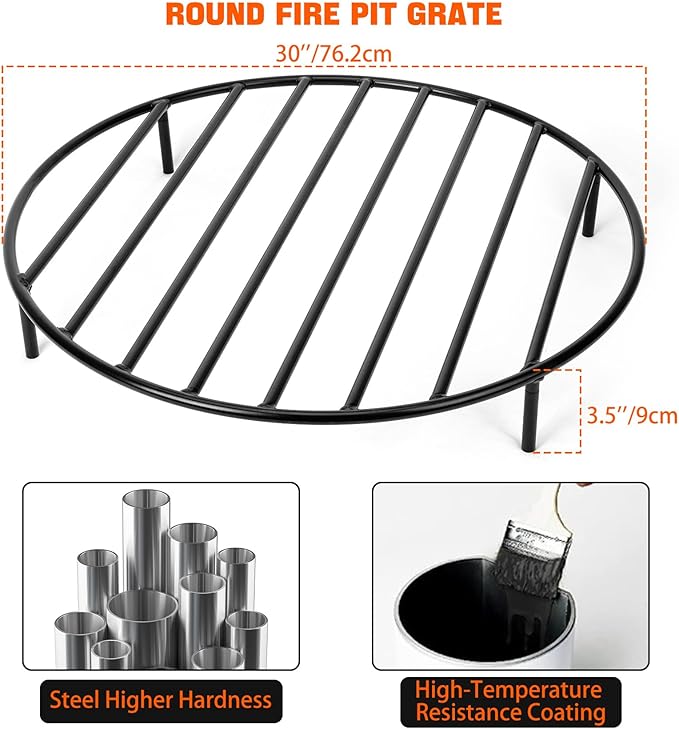 only fire Round Fire Pit Grate with 4 Legs for Outdoor Campfire Grill Cooking, 30 Inch