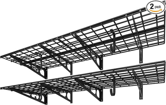 FLEXIMOUNTS 2-Pack 2x6ft Garage Shelving with Hooks 24-inch-by-72-inch Wall Shelf Garage Storage Racks Floating Shelves, Black