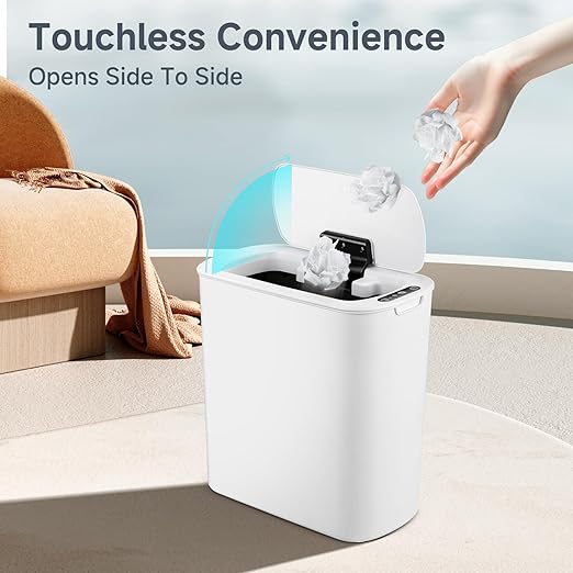 TIPGO 5 Gallon Motion Senor Bathroom Trash Can with Lid, Automatic Garbage Can Touchless, Smart Plastic Waste Basket for Narrow Spaces, Bathroom, Office, Bedroom, Living Room (White)