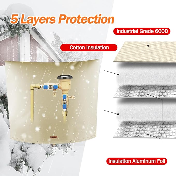 TOHONFOO Backflow Preventer Pipe Insulation Cover (5°F) - Irrigation Sprinkler Valve Insulated Pouch - Water Well Pump Cover - Sturdy 5 Layers for Winter Freeze Protection, 40" W x 36" H, Beige