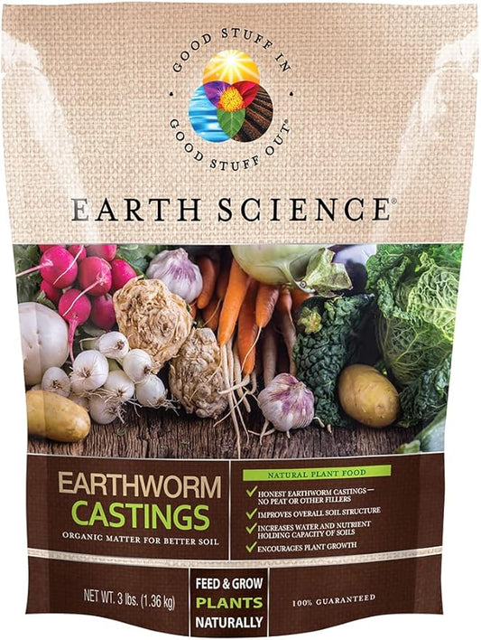 Earth Science Earthworm Castings – 3 lb—Premium Plant Fertilizer for Indoor & Outdoor Plants – Soil Enhancer for Vegetable Gardens