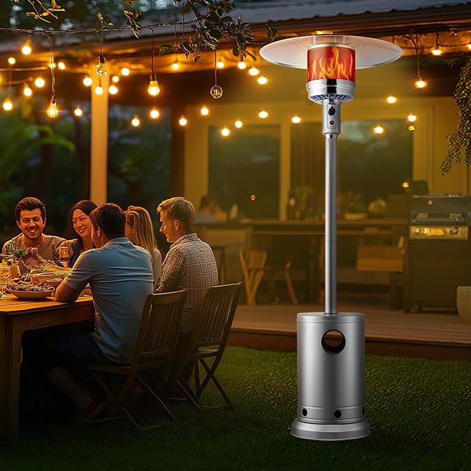 VEVOR Patio Heater for Outdoor Use, 50000BTU Propane Heater Tall Hammered With Round Table Design, Metal Burner and Wheels, Fixed Outdoor Patio Flame Heater for Patio, Party, Backyard, Garden, Silver