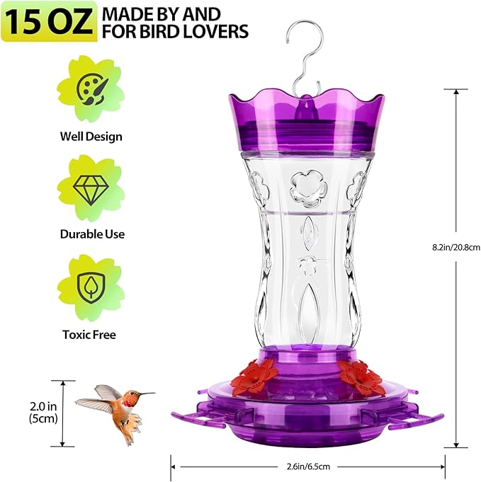 2 Pack Hummingbird Feeders for Outdoors, Built-in Ant Moat & Leakproof, XAROO Glass Hummingbird Feeder with 4 Bee Guard Feeding Ports, Outdoor Garden Décor, 15OZ, Purple