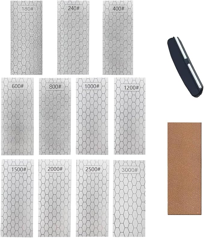 11 Pcs Diamond Sharpening Stone, with Angle Guide and Leather Strop, Knife Sharpener Stone Whetstone Honeycomb Surface Plate with Non-slip Base for Pocket Knives Scissors