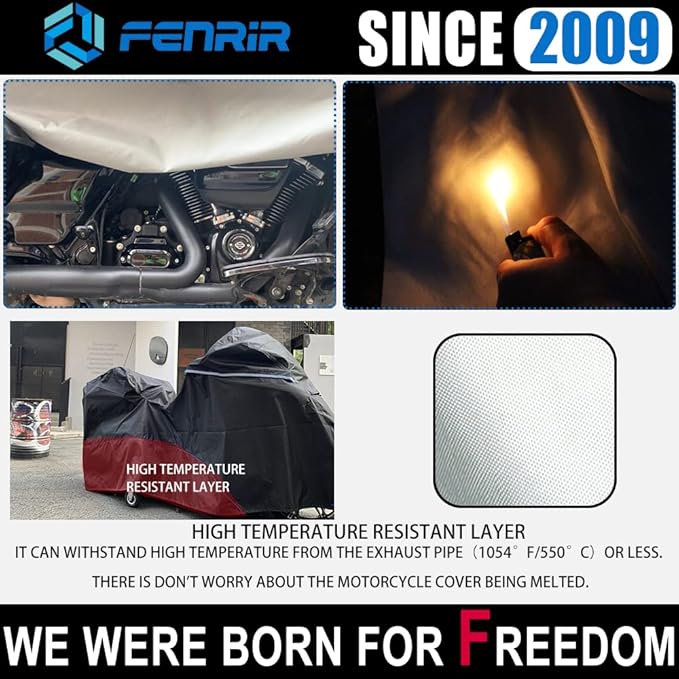 FENRIR 108" Motorcycle Cover Waterproof Outdoor Storage Exhaust Pipe Anti-Scalding Antenna Hole for Harley Davidson Touring Road Glide Ultra Limited Indian Roadmaster Pursuit Honda Gold Wing K1600GTL
