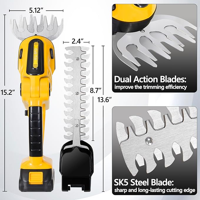 Hedge Trimmer Cordless with Battery and Charger 21V Electric Brush Grass Shrub Trimmer 2 in 1 Handheld Mini Grass Shears Grass Cutter Battery Powered Hedge Trimmer Yellow
