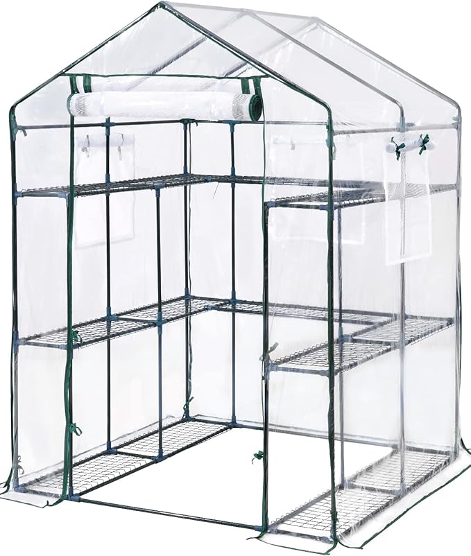 KING BIRD Premium Greenhouse for Outdoors, 56 x 56 x 77 Upgraded PVC Cover & Steel Frame Walk in Hot House, w/ Zippered Screen Windows Mesh Door, 3 Tiers 14 Shelves for Outside Garden, Clear
