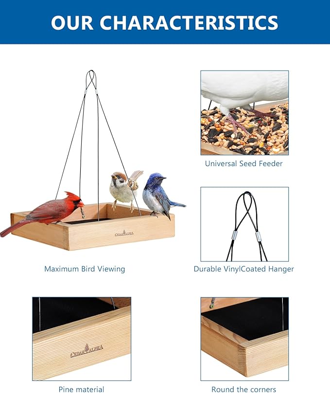Wood Platform Tray Bird Feeder 10” - Alaskan Red Cedar Hanging Bird Feeder for Outside Outdoor - Stainless Steel Cable Mesh Base - Longtime Outdoor Lasting Weatherable Heavy Duty Flythrough Birdfeeder