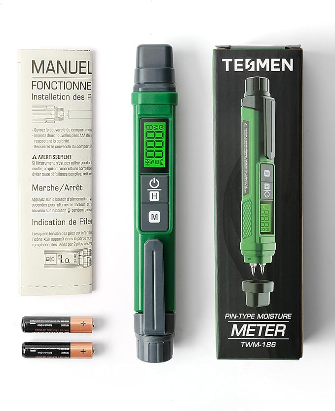 Wood Moisture Meter, TESMEN TWM-186 Portable Pen Moisture Meter, Pin-Type Humidity Tester with 2 Modes, 7 Calibration Scales for Wood, Firewood, Lumber, Bricks, Floors, Walls - Green