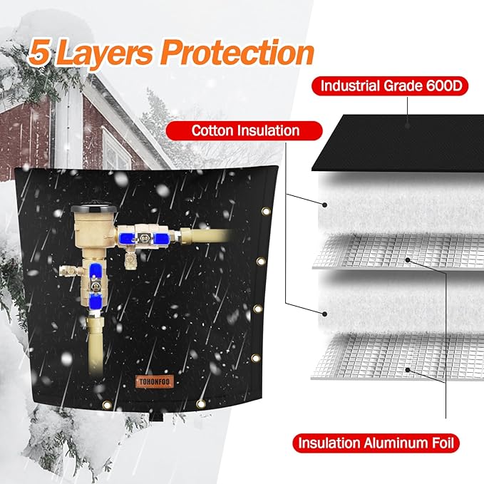 TOHONFOO 2-Way Opening Backflow Preventer Pipe Insulation Cover (5°F) - Irrigation Sprinkler Valve Cover - Water Well Pump Cover - Sturdy 5 Layers for Winter Freeze Protection (24" W x 24" H, Black)