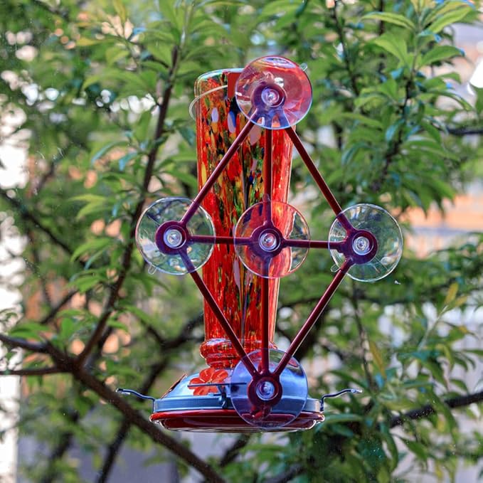 Window Hummingbird Feeder with 5 Strong Suction Cup 16 Ounces Colorful Hand-Blown Glass Hummingbird Feeder for Outdoor Patio Hanging Windows Mount (Red)